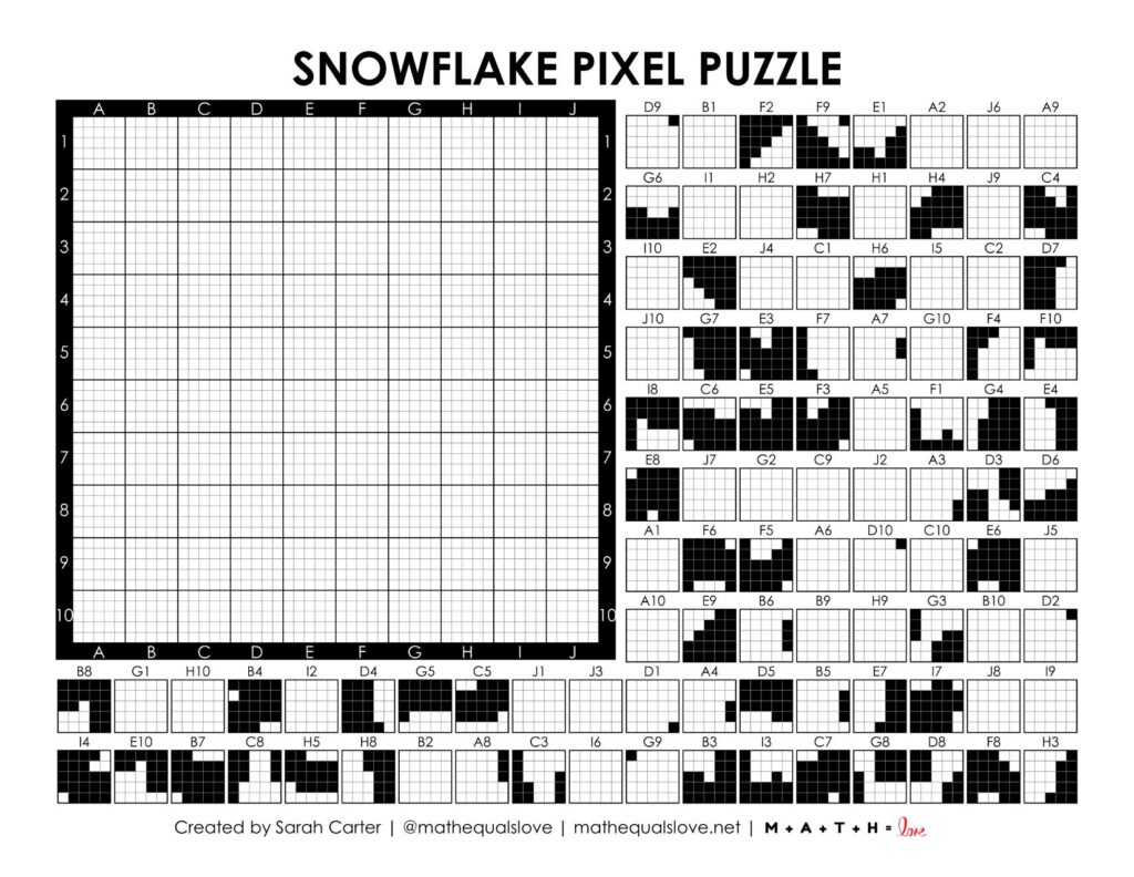 screenshot of snowflake winter pixel puzzle worksheet.