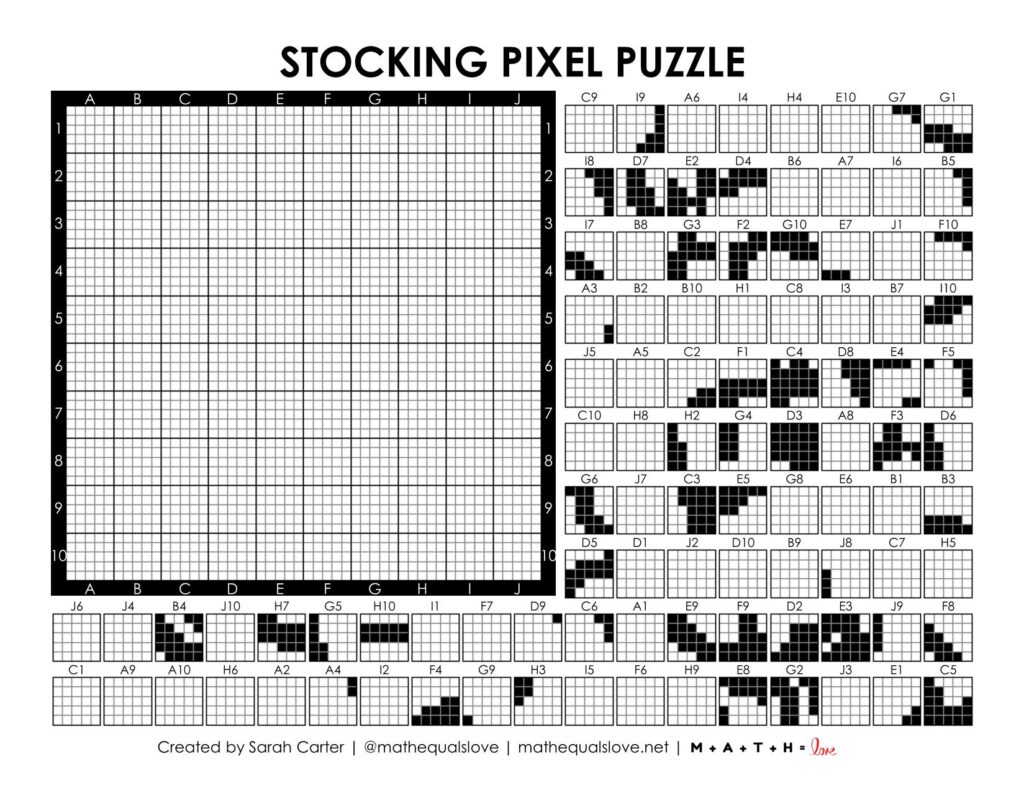christmas stocking pixel puzzle worksheet.