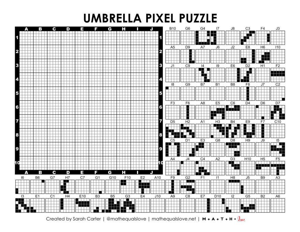 screenshot of umbrella pixel puzzle worksheet.