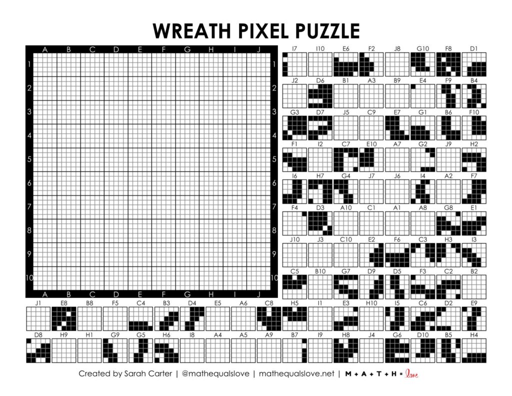 wreath pixel puzzle worksheet for christmas.