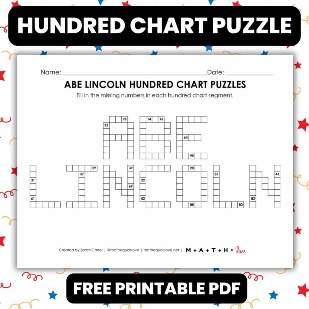 abraham lincoln hundred chart puzzle worksheet.