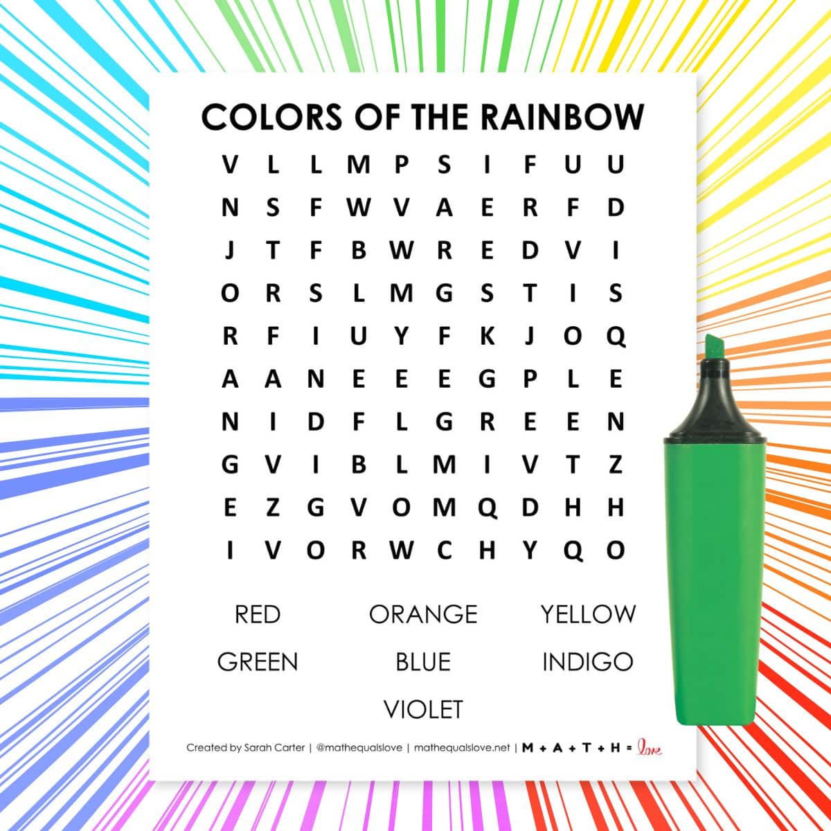 colors of the rainbow easy word search puzzle for kids.