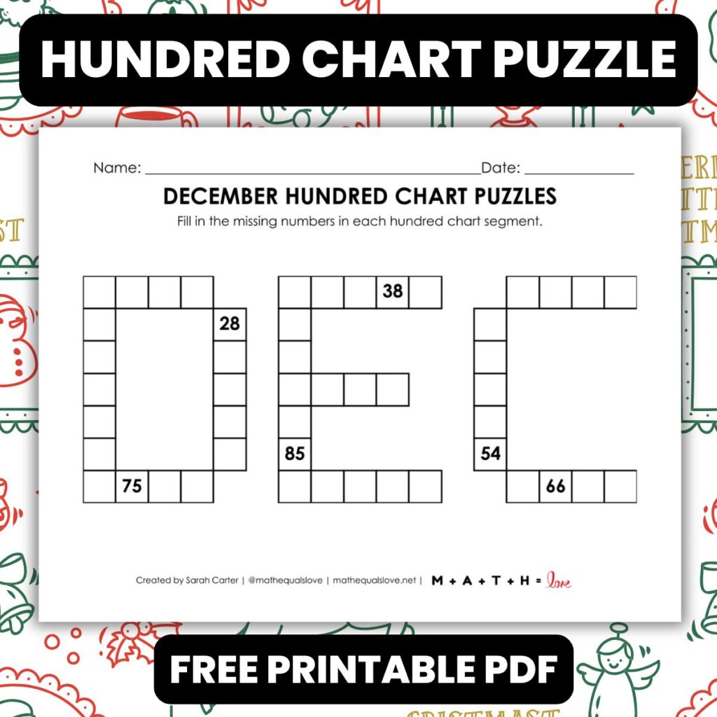 december hundred chart math puzzle worksheet.