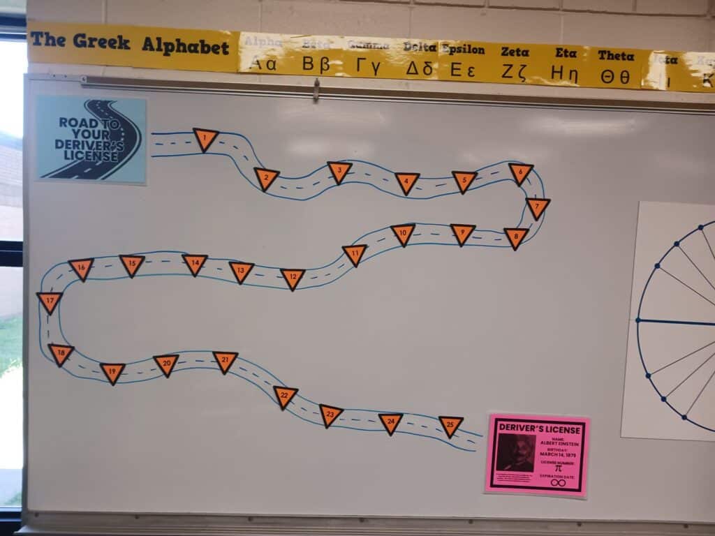 drawing of path for derivers license on dry erase board in calculus classroom.