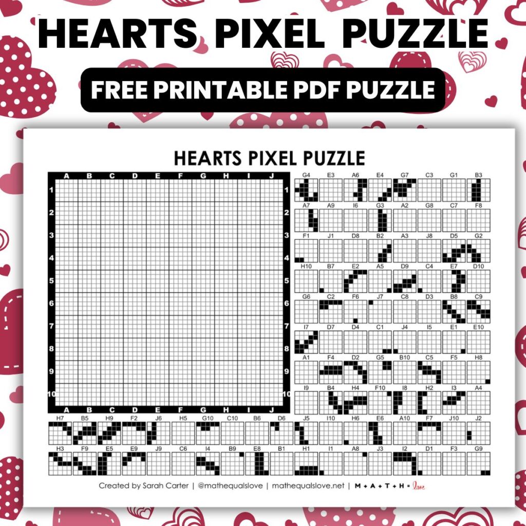 hearts pixel puzzle worksheet for valentines.