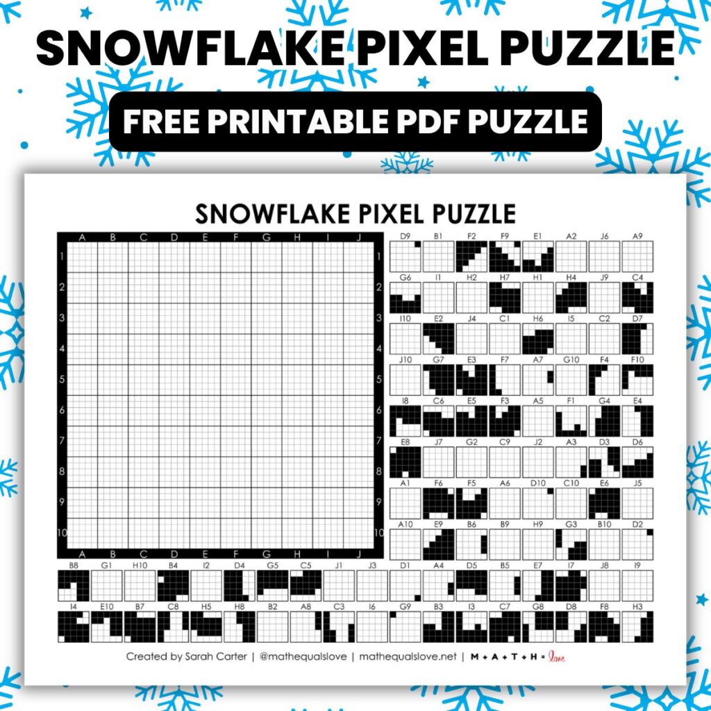 snowflake winter pixel puzzle worksheet.