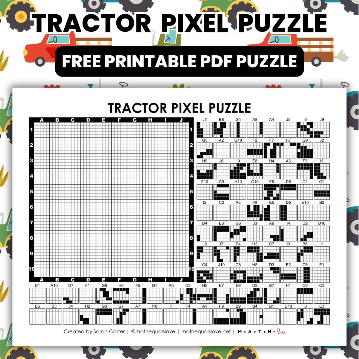 farm tractor pixel puzzle worksheet.