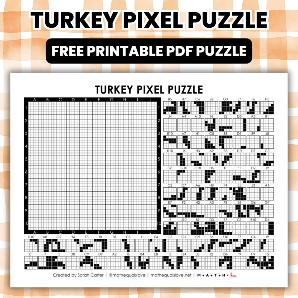 turkey pixel puzzle worksheet for thanksgiving.