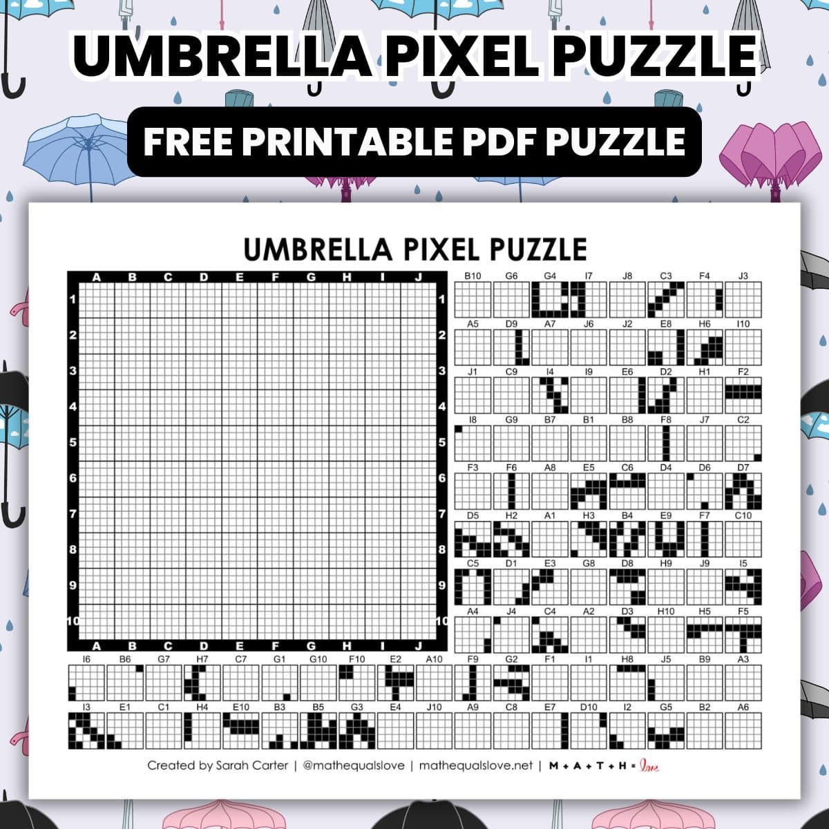 umbrella pixel puzzle worksheet for spring rainy day.