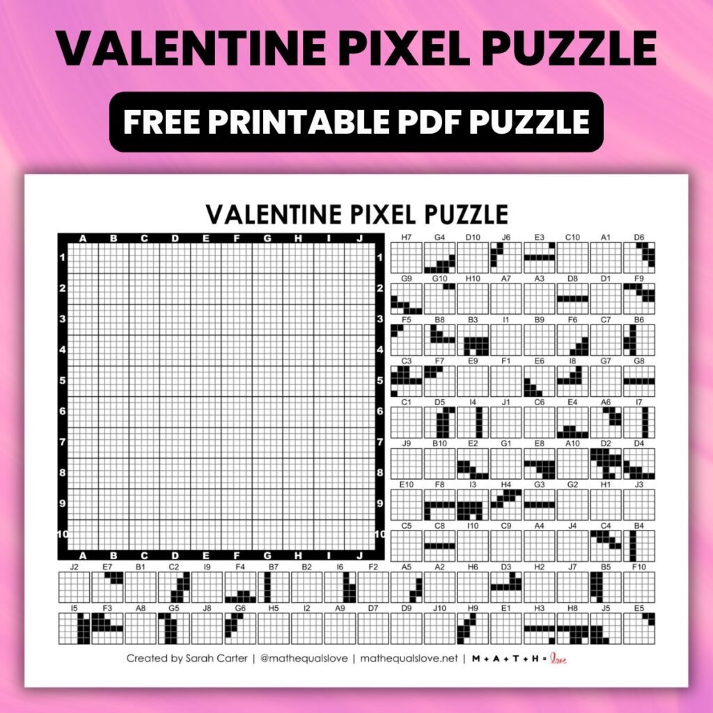 valentine day pixel puzzle worksheet.