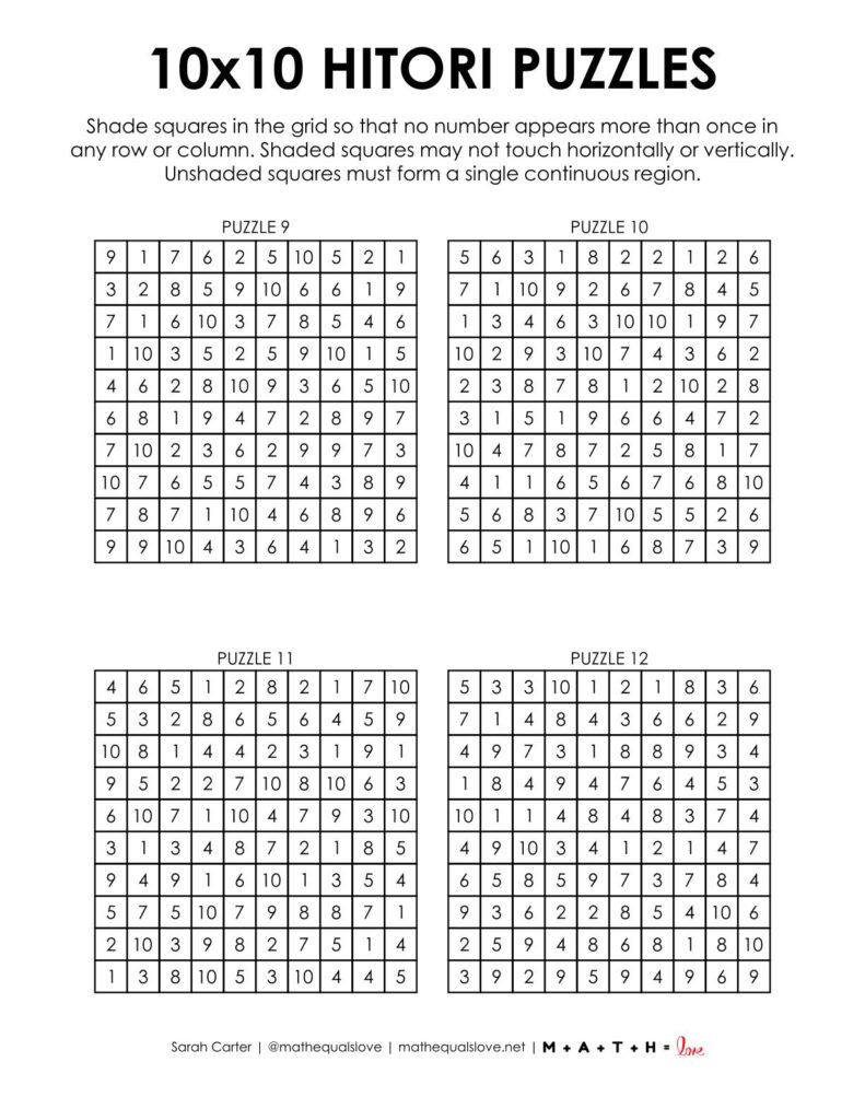10x10 hitori puzzles.