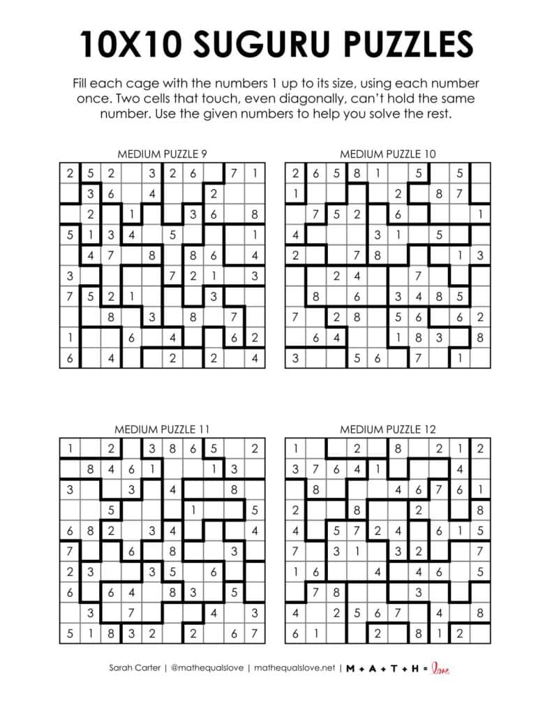 4 to a page version of 10x10 suguru puzzles.