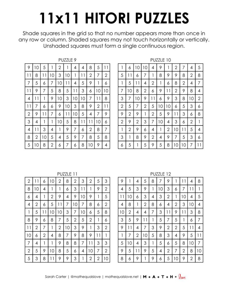 11x11 hitori logic puzzles.