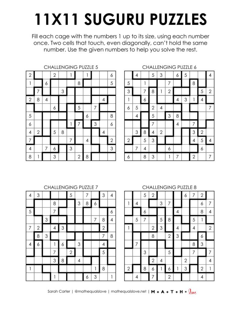 11x11 suguru puzzles - 4 to a page version.