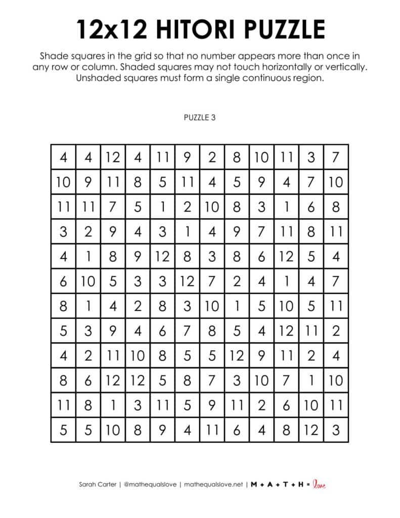 12x12 hitori logic puzzles.