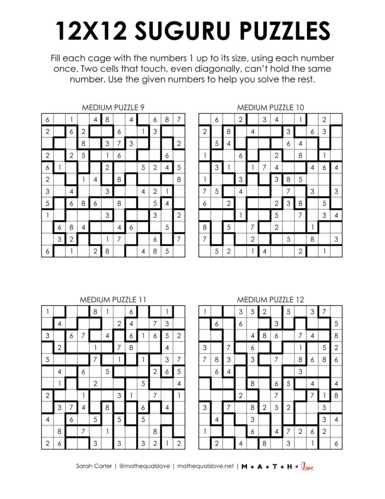 12x12 suguru puzzles - 4 to a page version.