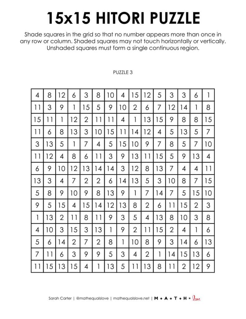 15x15 hitori logic puzzle.