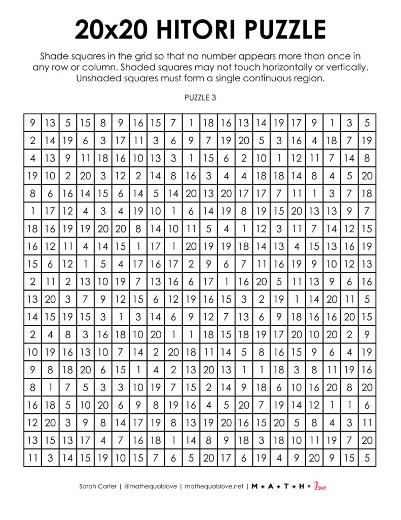 20x20 hitori logic puzzle.