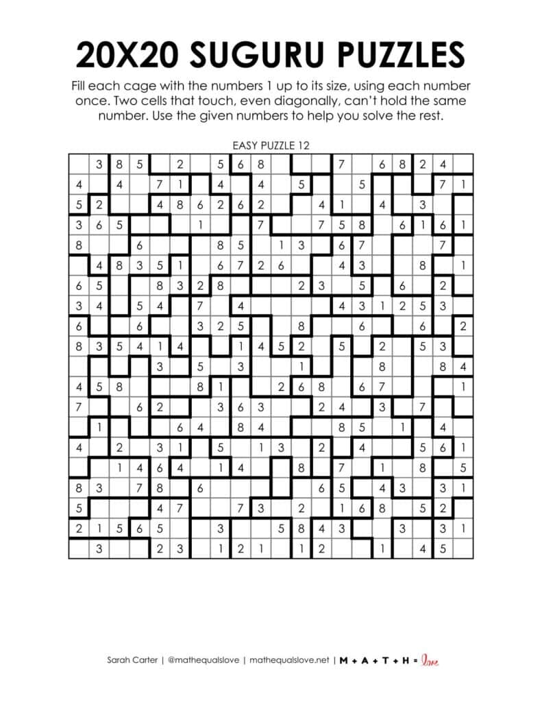 20x20 suguru puzzle - 1 to a page version.