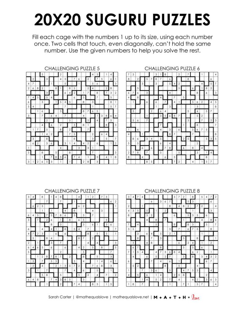 20x20 suguru puzzles - 4 to a page version.