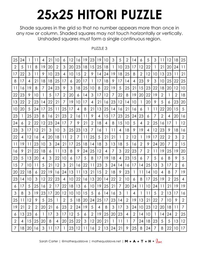 25x25 hitori logic puzzle.