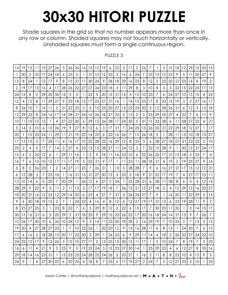 30x30 hitori logic puzzle page.