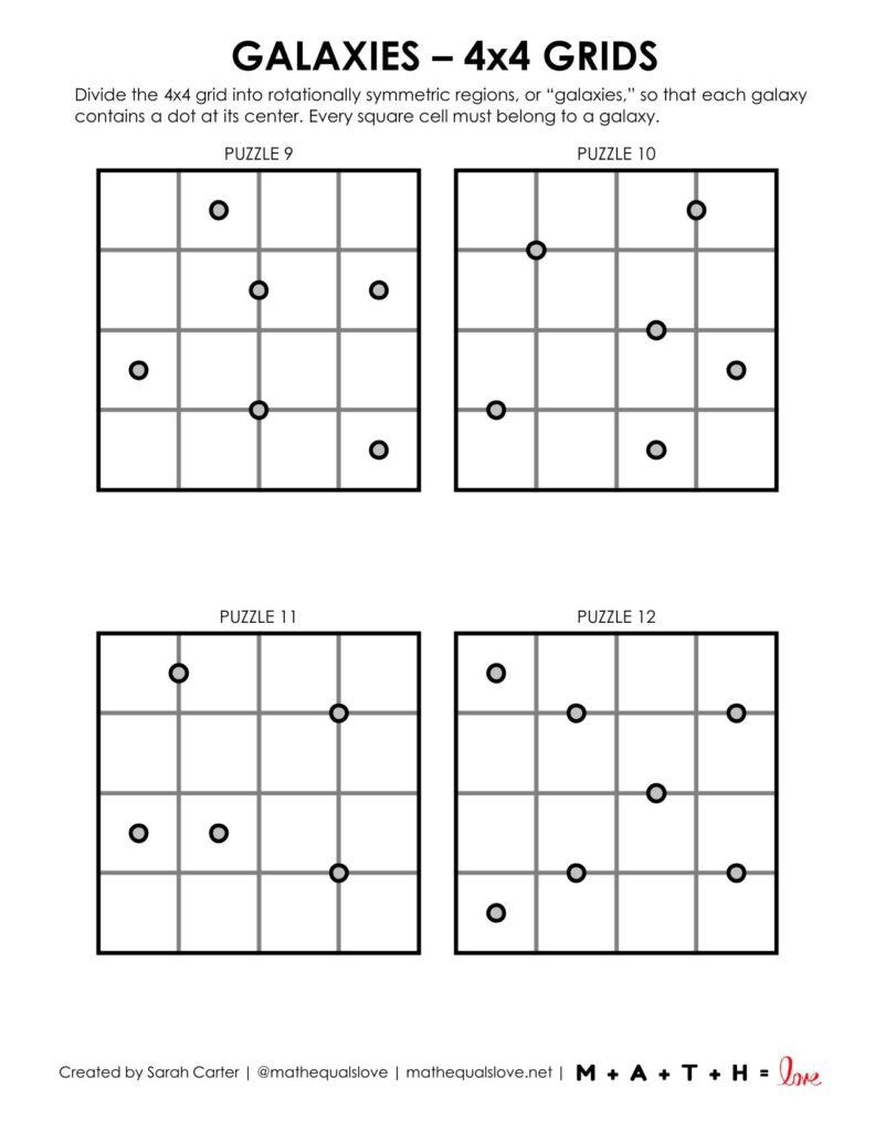 screenshot of 4x4 galaxies logic puzzles.