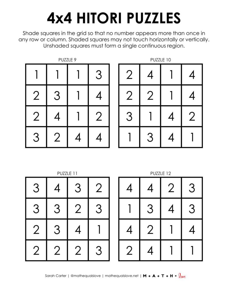 screenshot of 4x4 hitori logic puzzles.