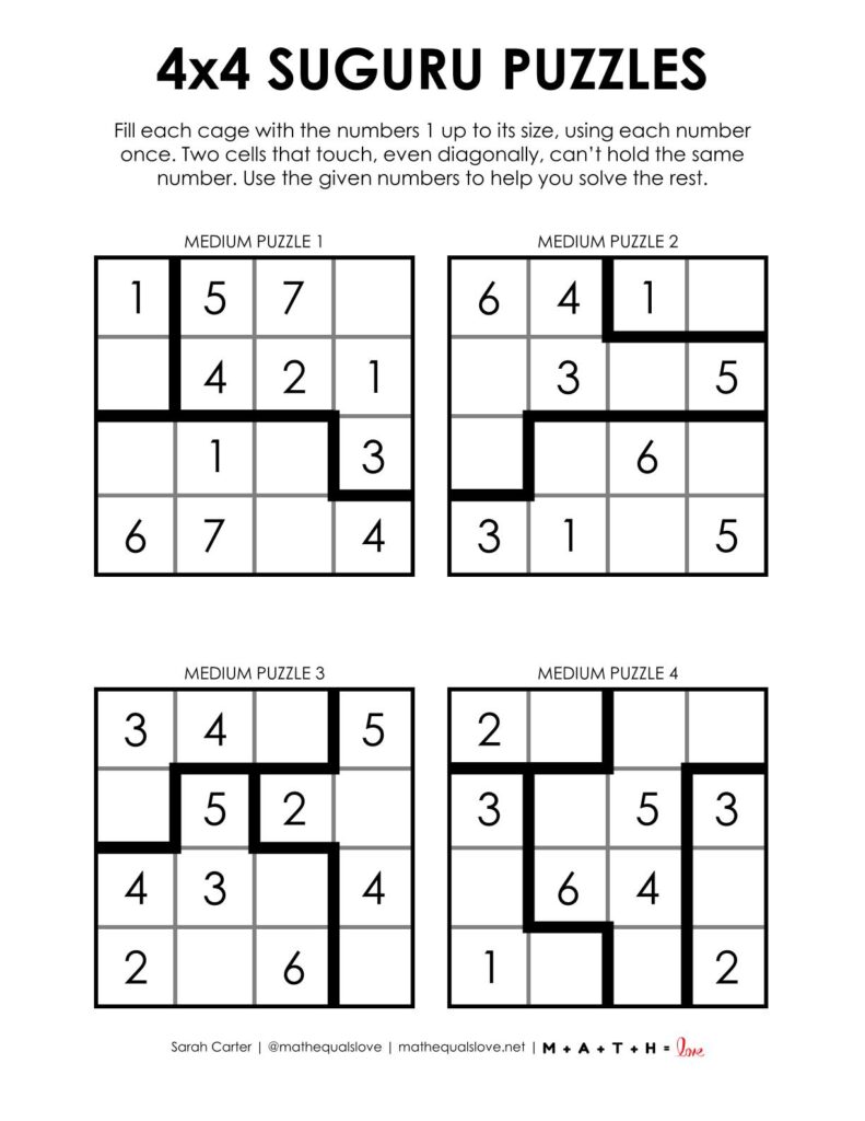 4x4 suguru logic puzzles - 4 to a page version.