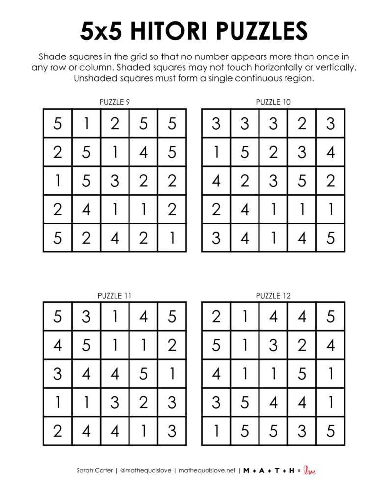 screenshot of 5x5 hitori logic puzzles.