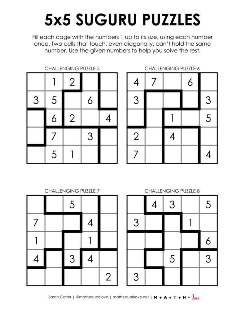 5x5 suguru puzzles - 4 to a page.
