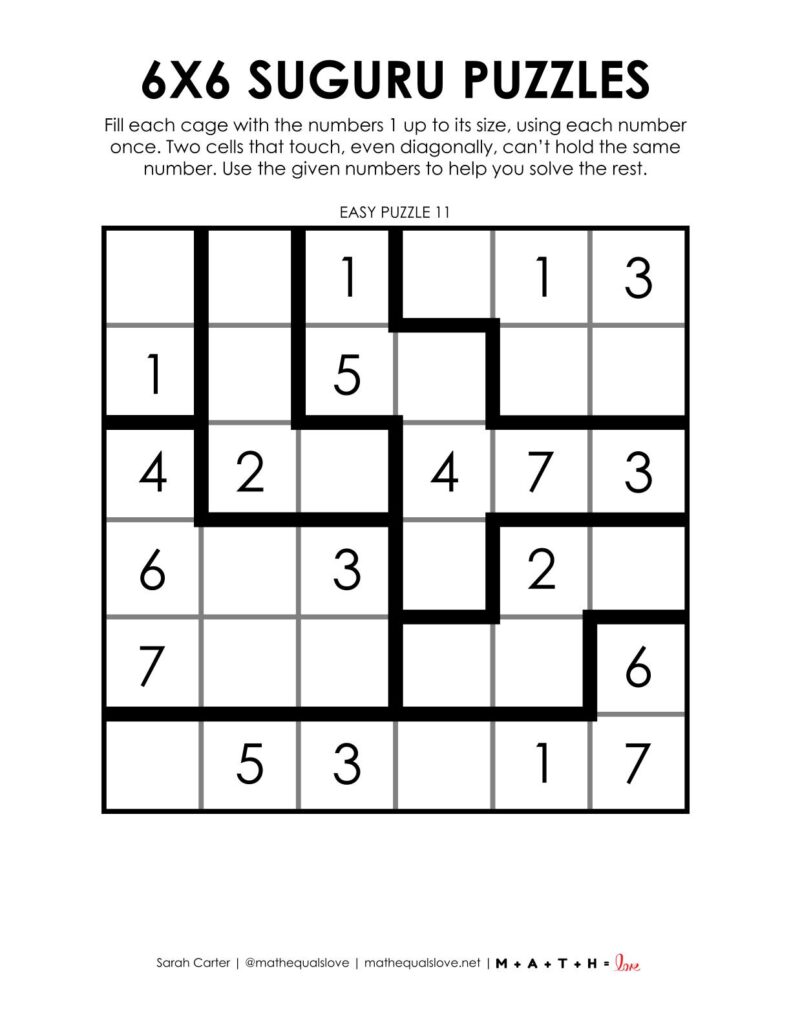 6x6 suguru puzzles - 1 to a page version.