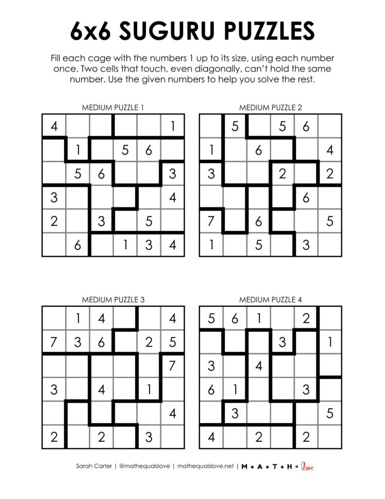 6x6 suguru puzzles - 4 to a page version.