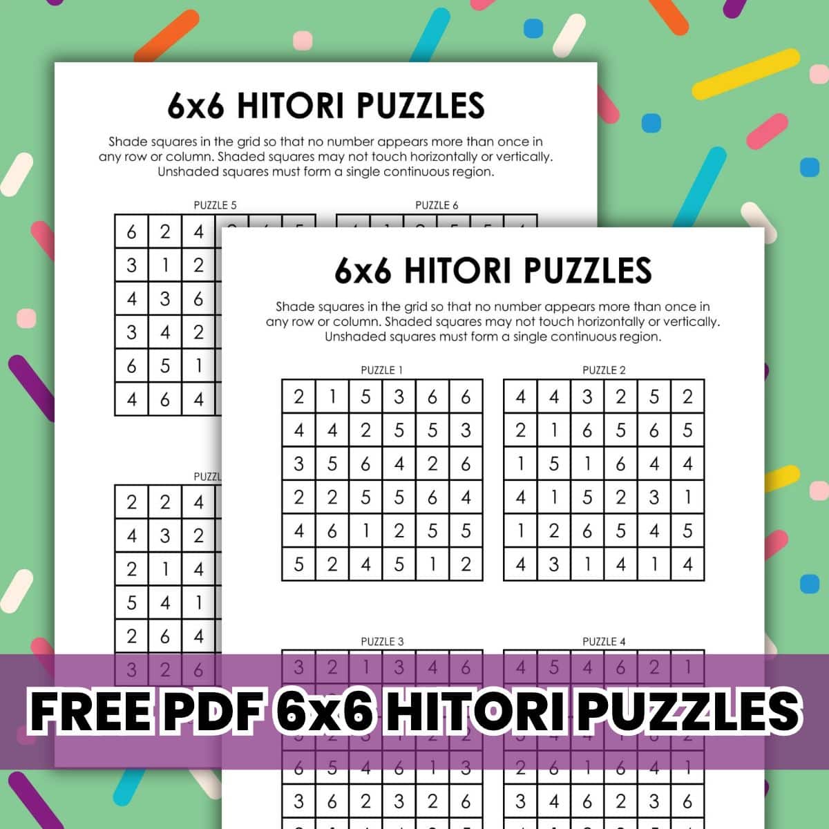 6x6 hitori logic puzzles.