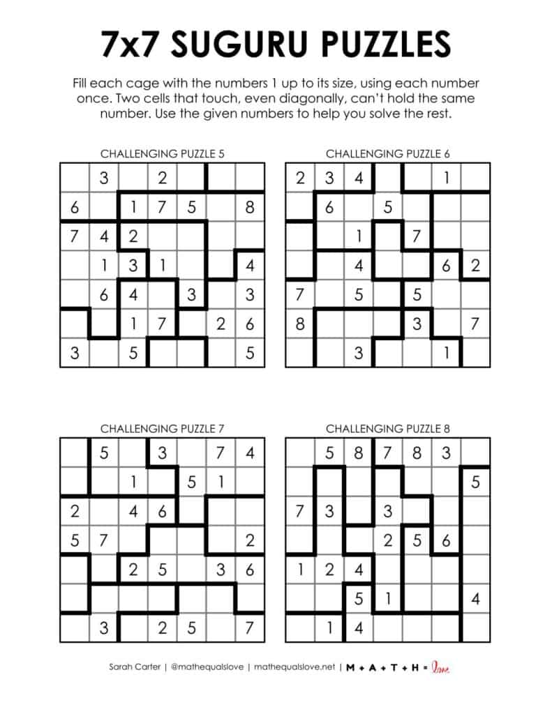 7x7 suguru puzzles - 4 to a page pdf version.