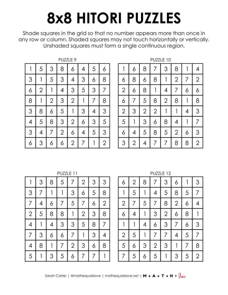 8x8 hitori puzzles.