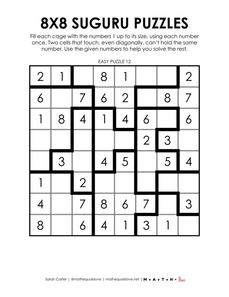 8x8 suguru puzzles - 1 to a page version.