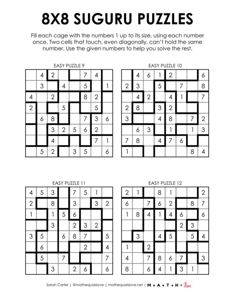 8x8 suguru logic puzzles - 4 to a page version.