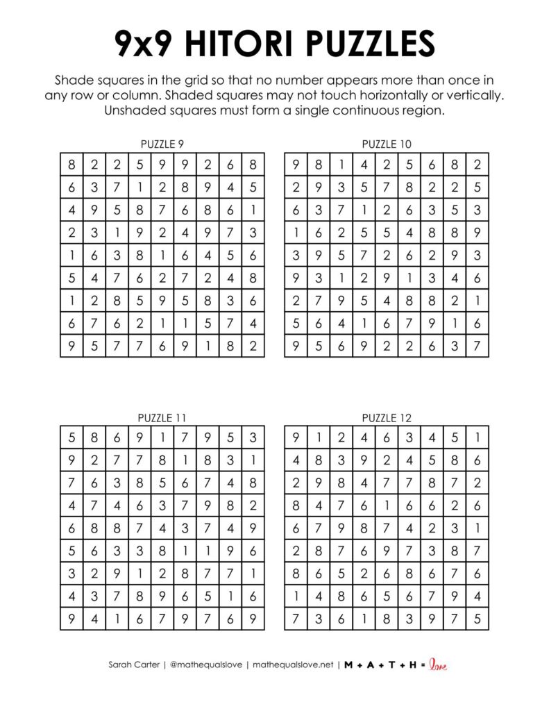 9x9 hitori logic puzzles printable.