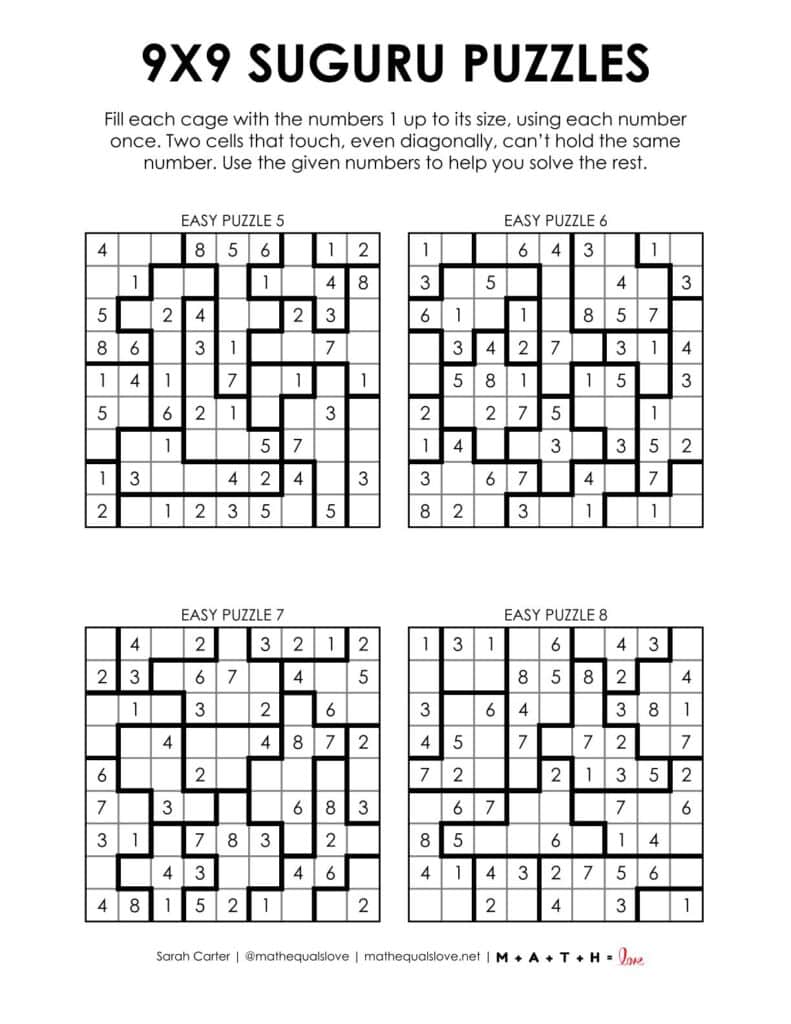 9x9 suguru puzzles - 4 to a page version.