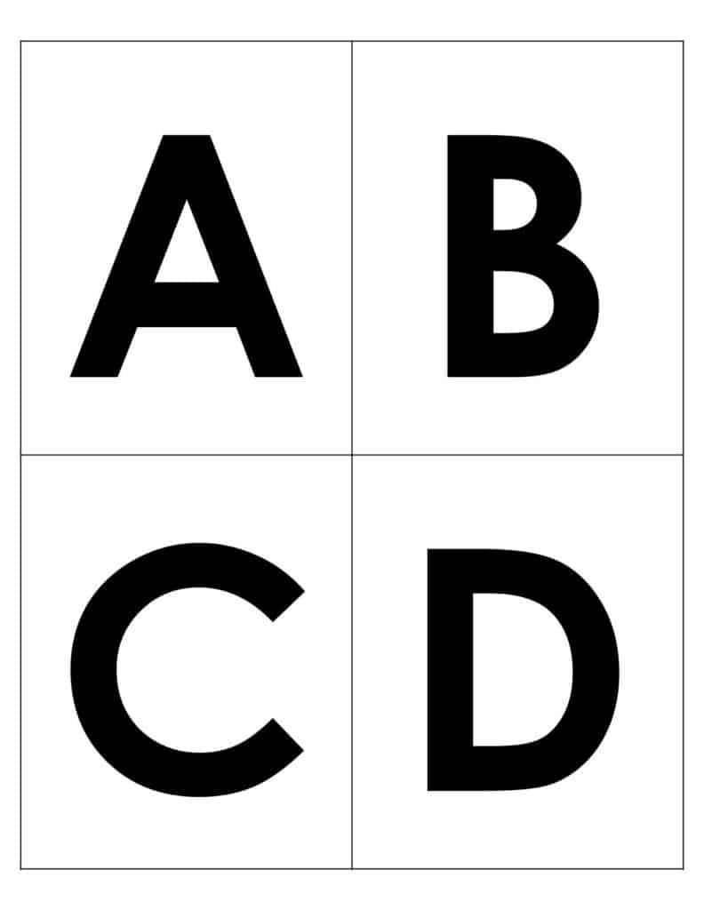 A-D multiple choice cards.