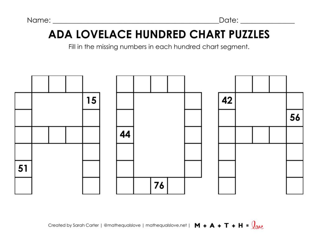 screenshot of ada lovelace hundred chart puzzle worksheet.