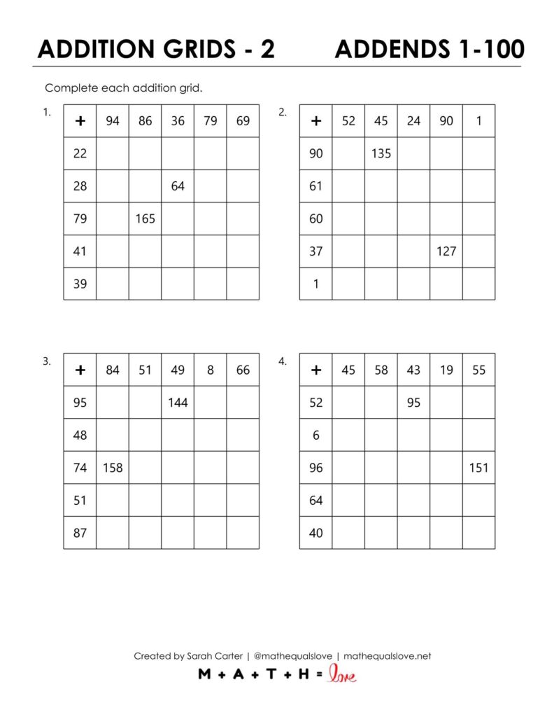 addition grid worksheets 1-100 pdf.