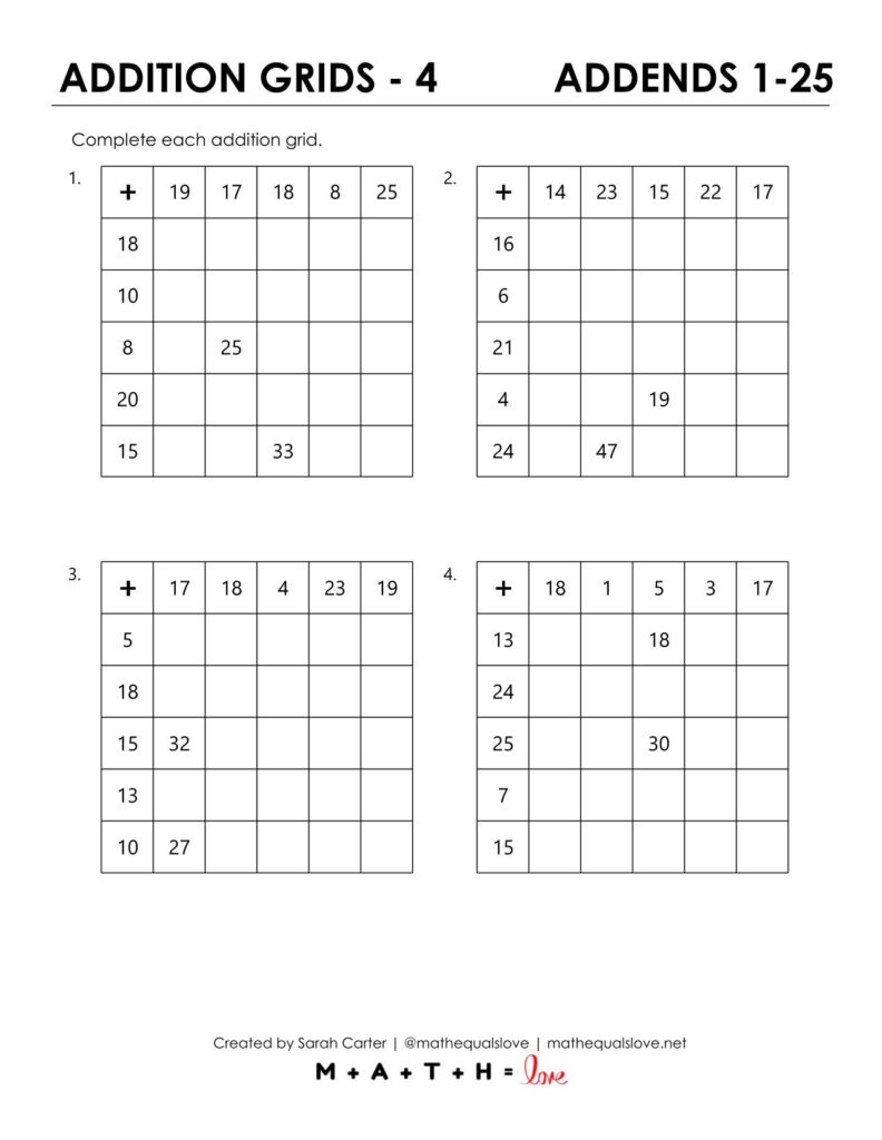 addition grids 1-25 worksheet pdf.