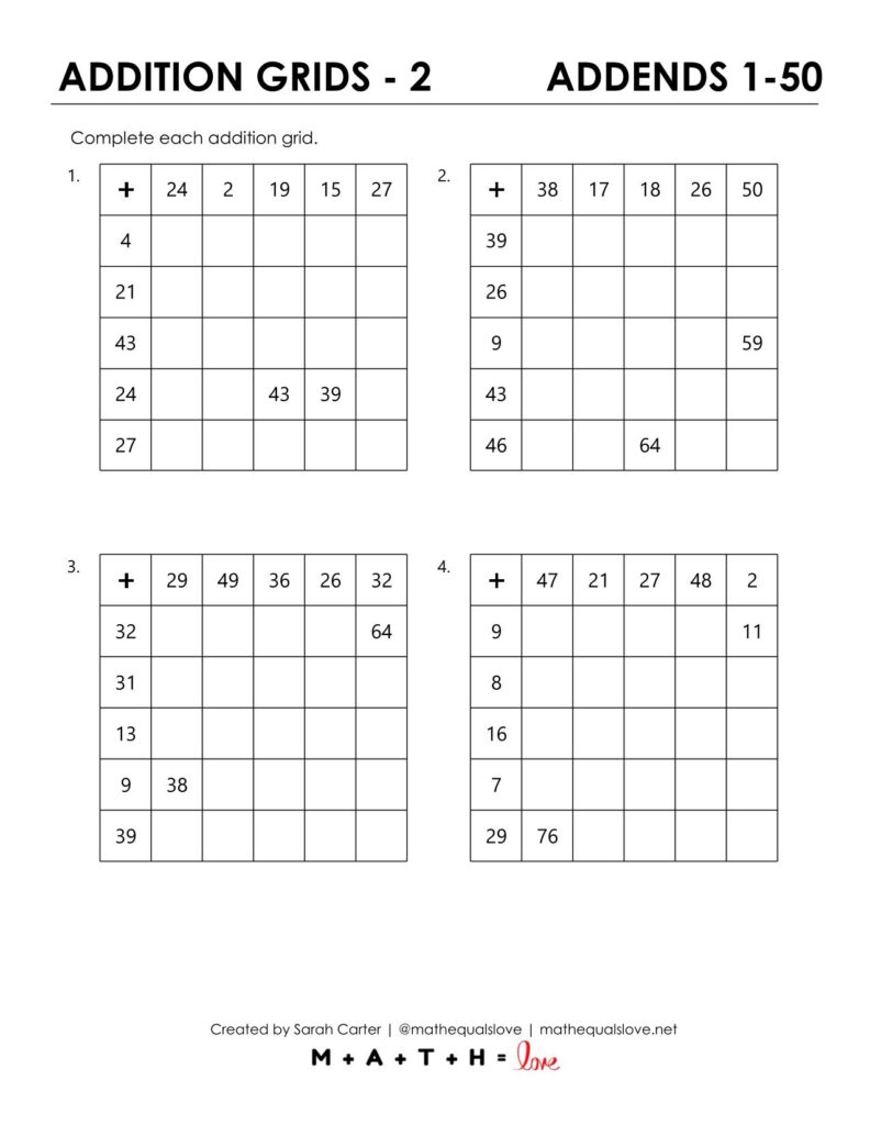 addition grid worksheets 1-50 pdf.