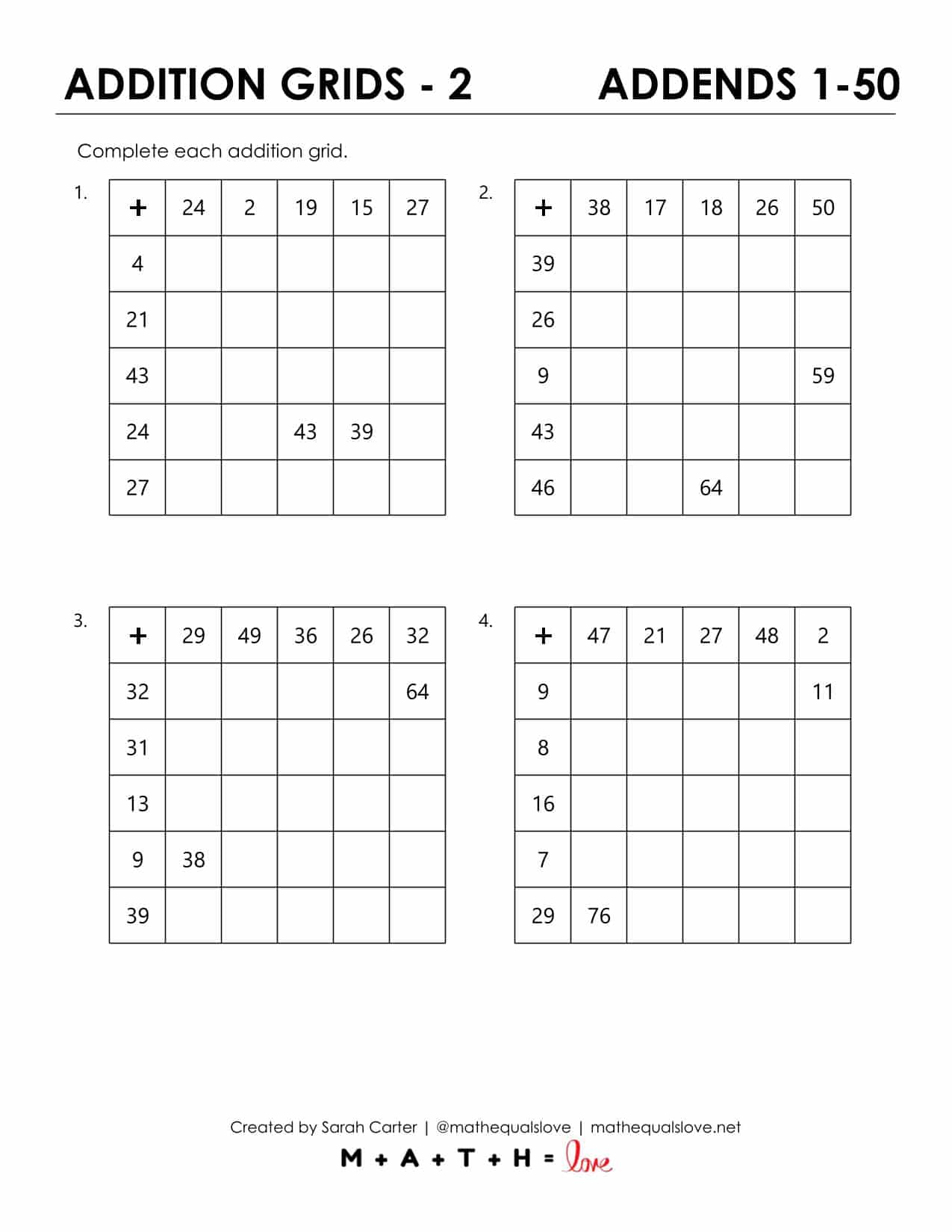 Visual Math Addition Worksheets Addition Grid Worksheets - 1-50 | Math = Love