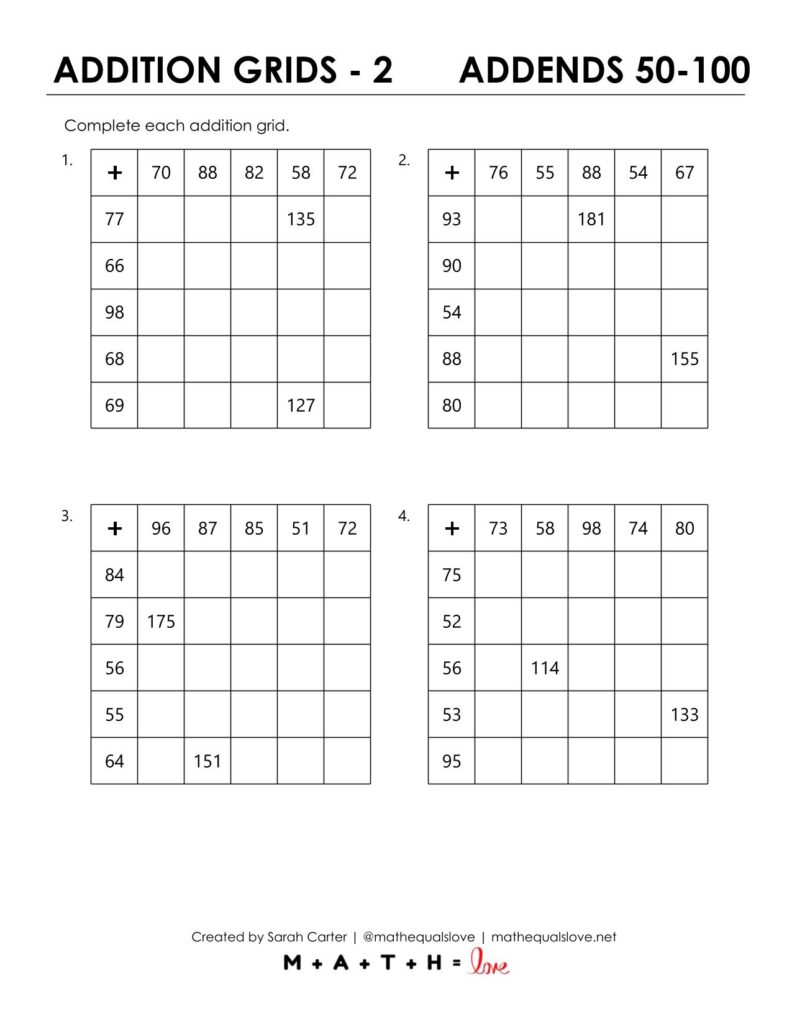 addition grid worksheets 50-100 pdf.