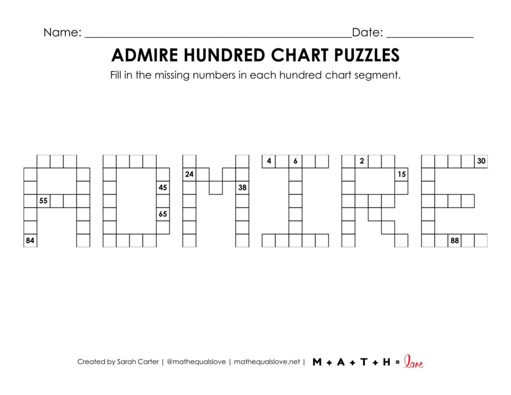 admire hundred chart puzzle worksheet.
