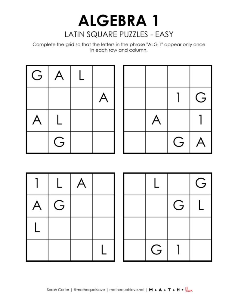 algebra 1 latin square puzzle level easy.
