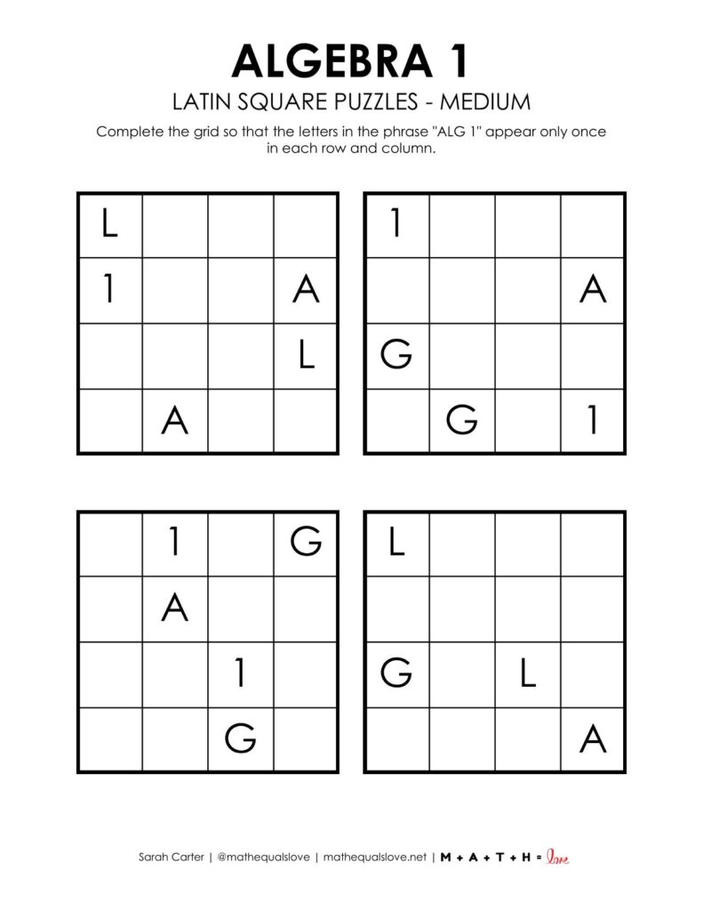 algebra 1 latin square puzzle level medium.